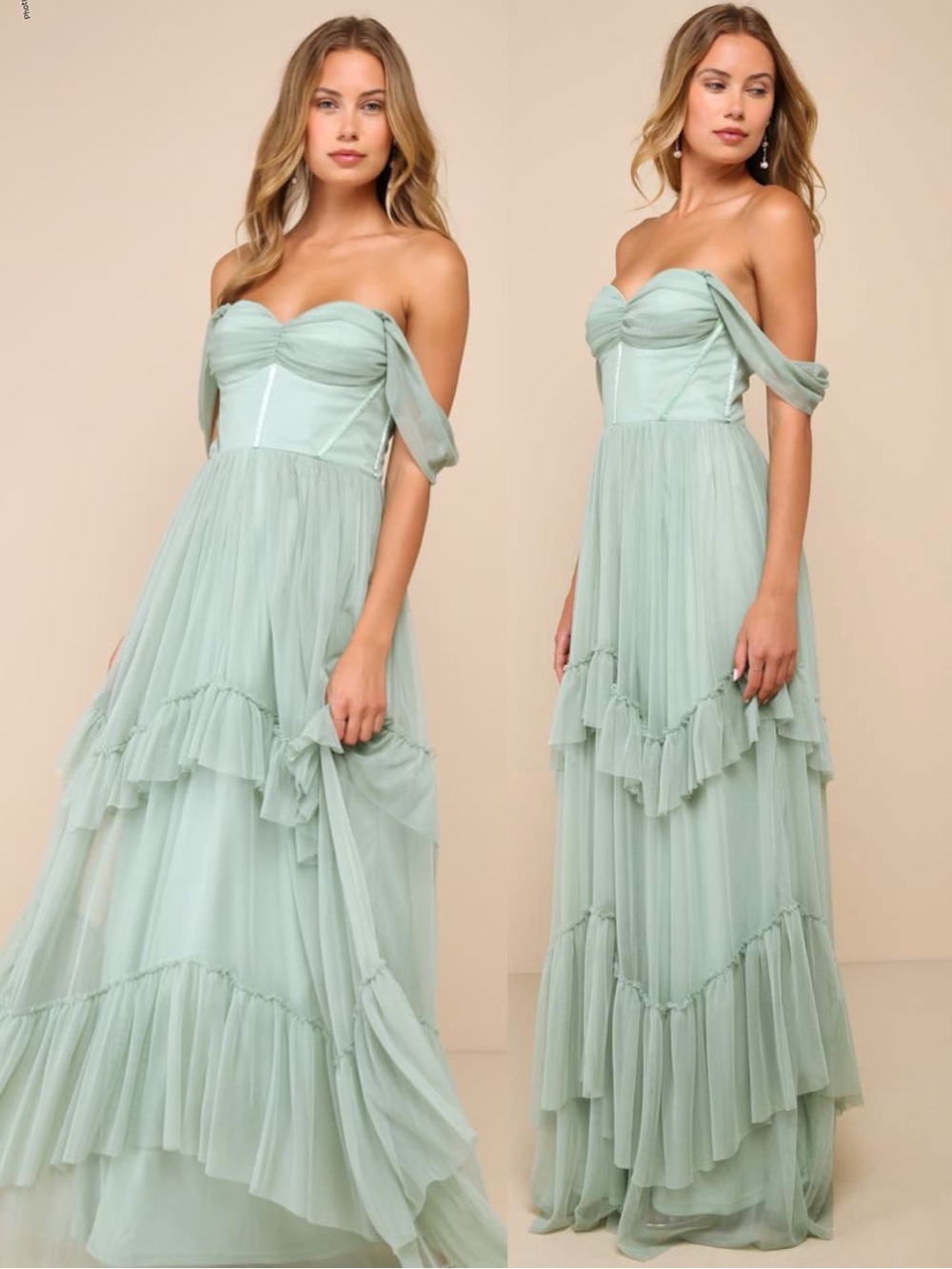 Lulu's Mint Off-Shoulder Ruffle Tiered Chiffon Maxi Dress